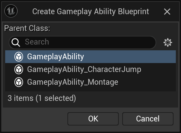 Create Gameplay Ability Blueprint window