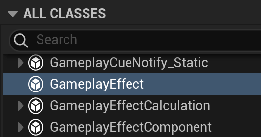 Part of the Pick Parent Class window showing GameplayEffect selected