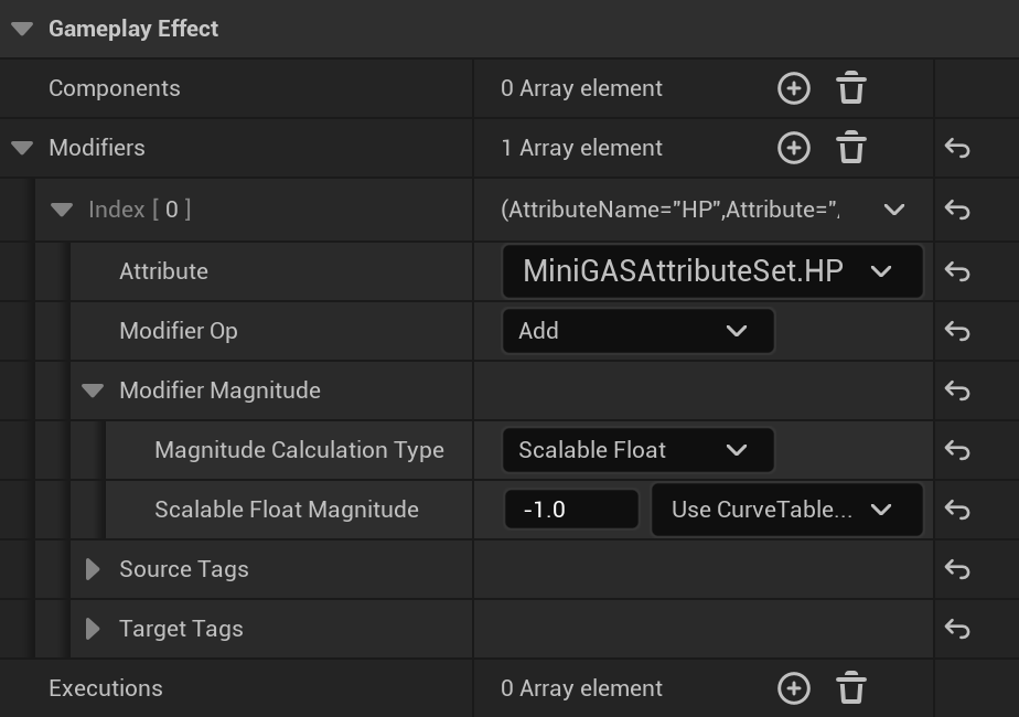 Gameplay effect modifier settings in BP